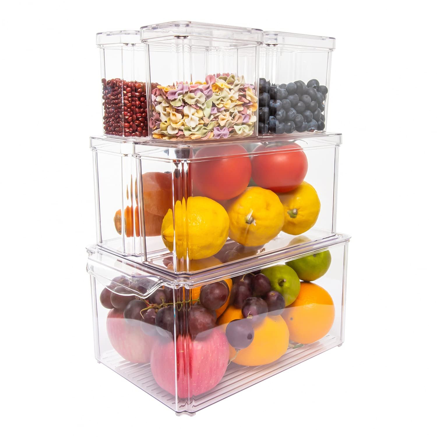 Set of 7 Clear Plastic Stackable Food Fridge Storage Organizer Box With Lid