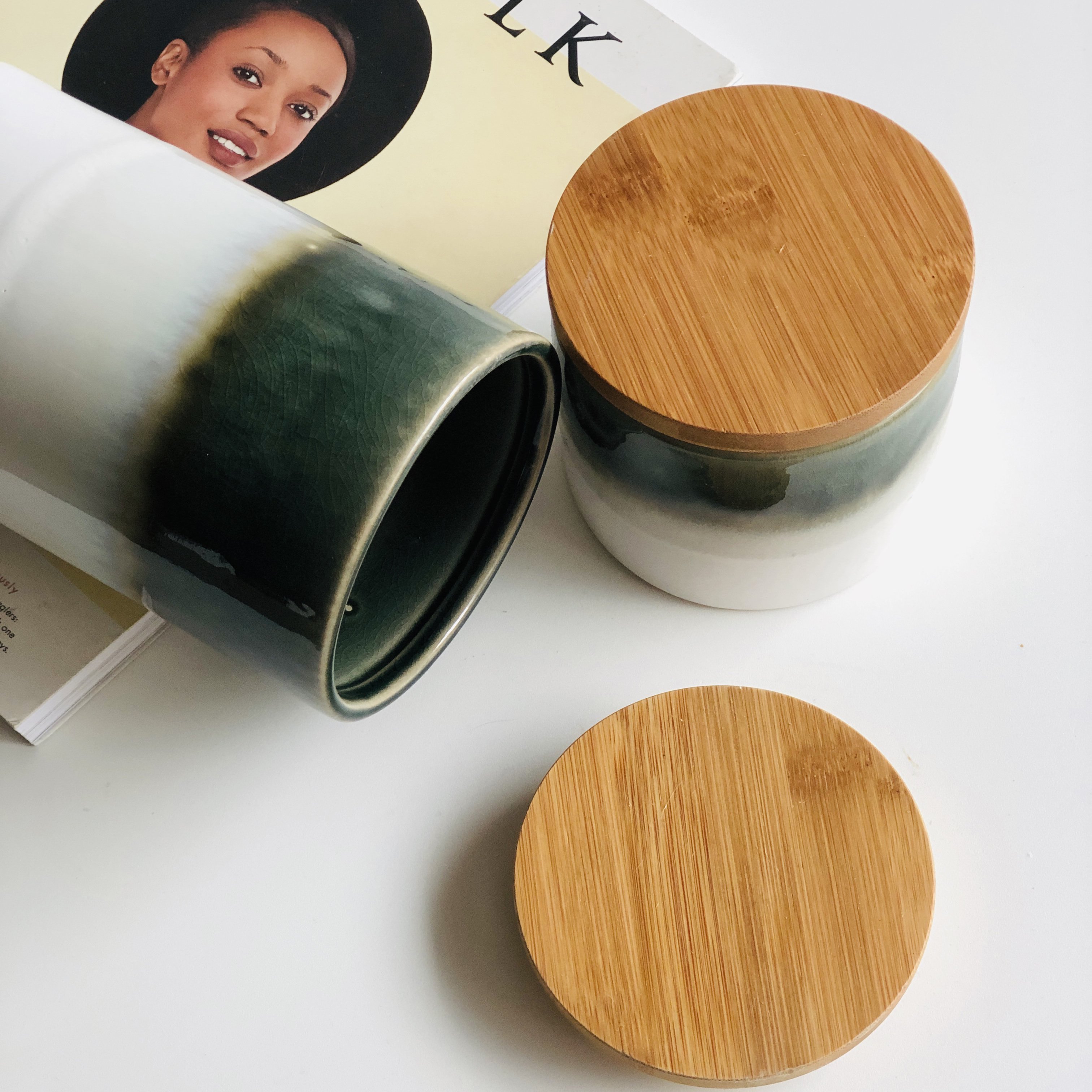 Kitchen Ceramic Canister Set Food Storage with Bamboo Lid Porcelain Jar Container,Gift for Women,Round Set of 3