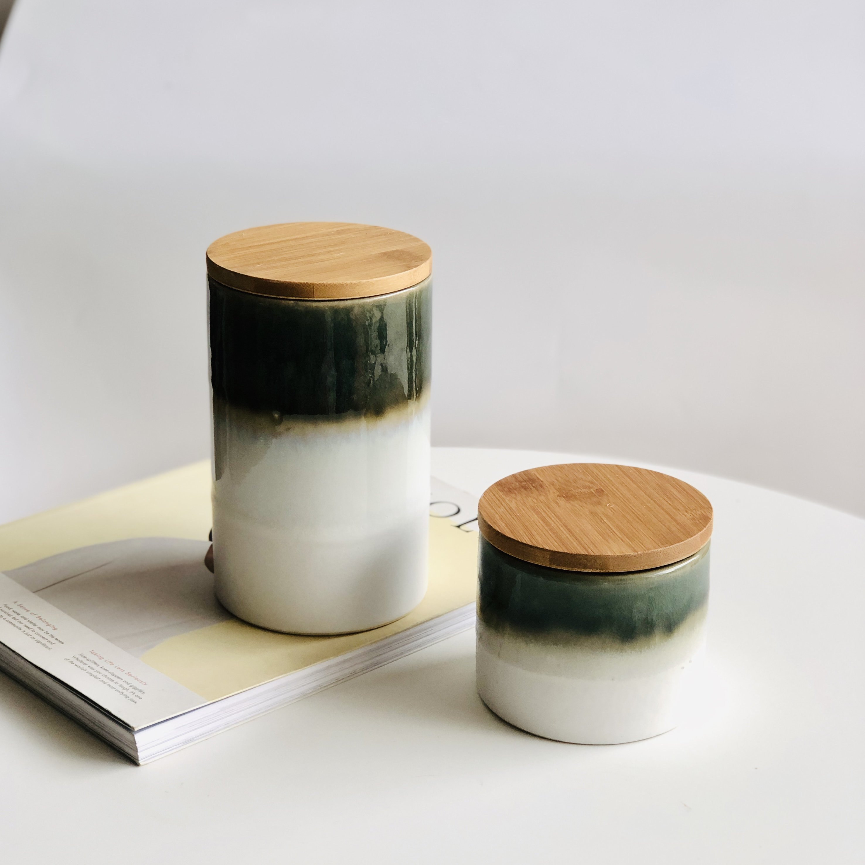 Kitchen Ceramic Canister Set Food Storage with Bamboo Lid Porcelain Jar Container,Gift for Women,Round Set of 3