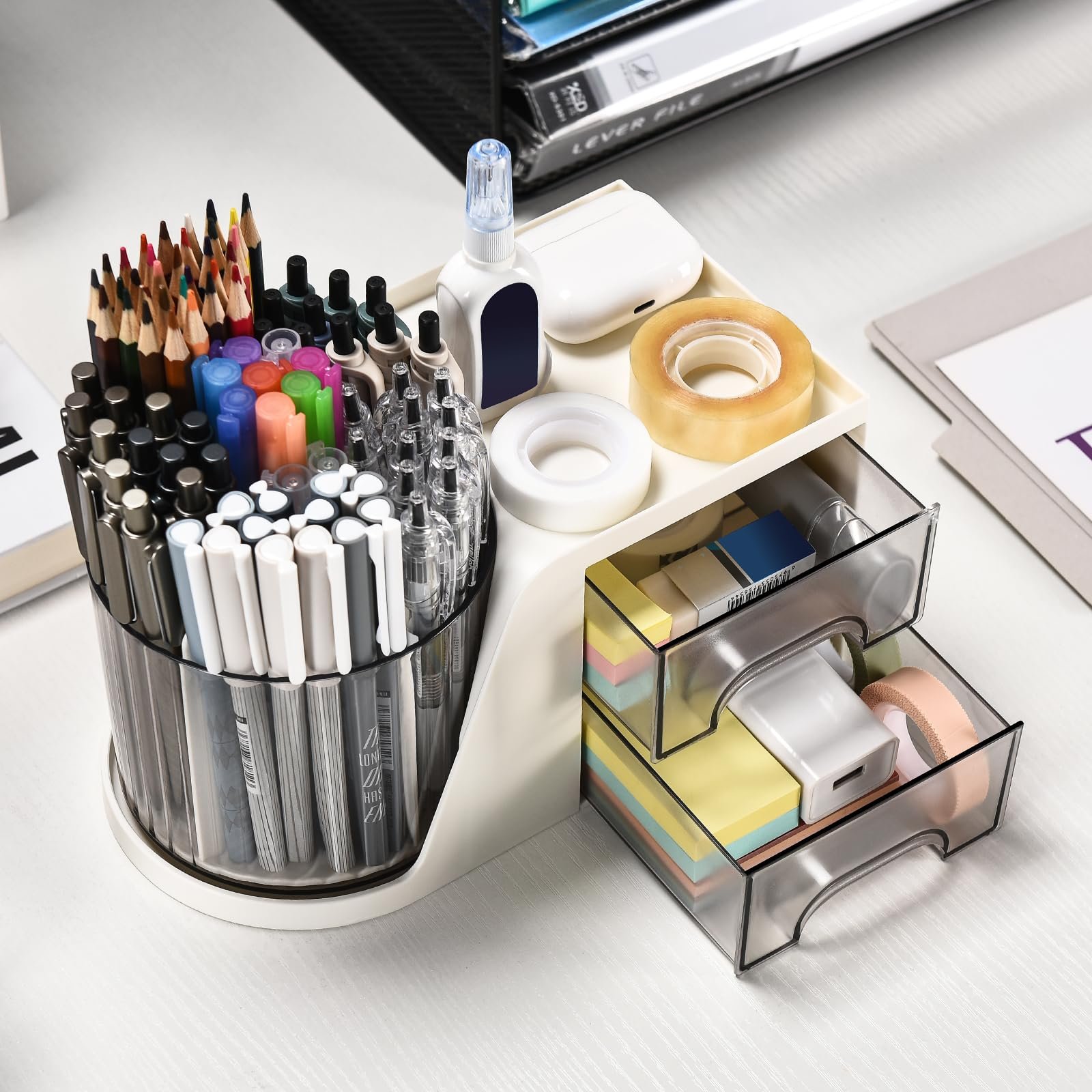 Office Table Art Supply Storage Box Caddy Pencil Pen Holder Rotating Desk Organizer with 2 Drawer