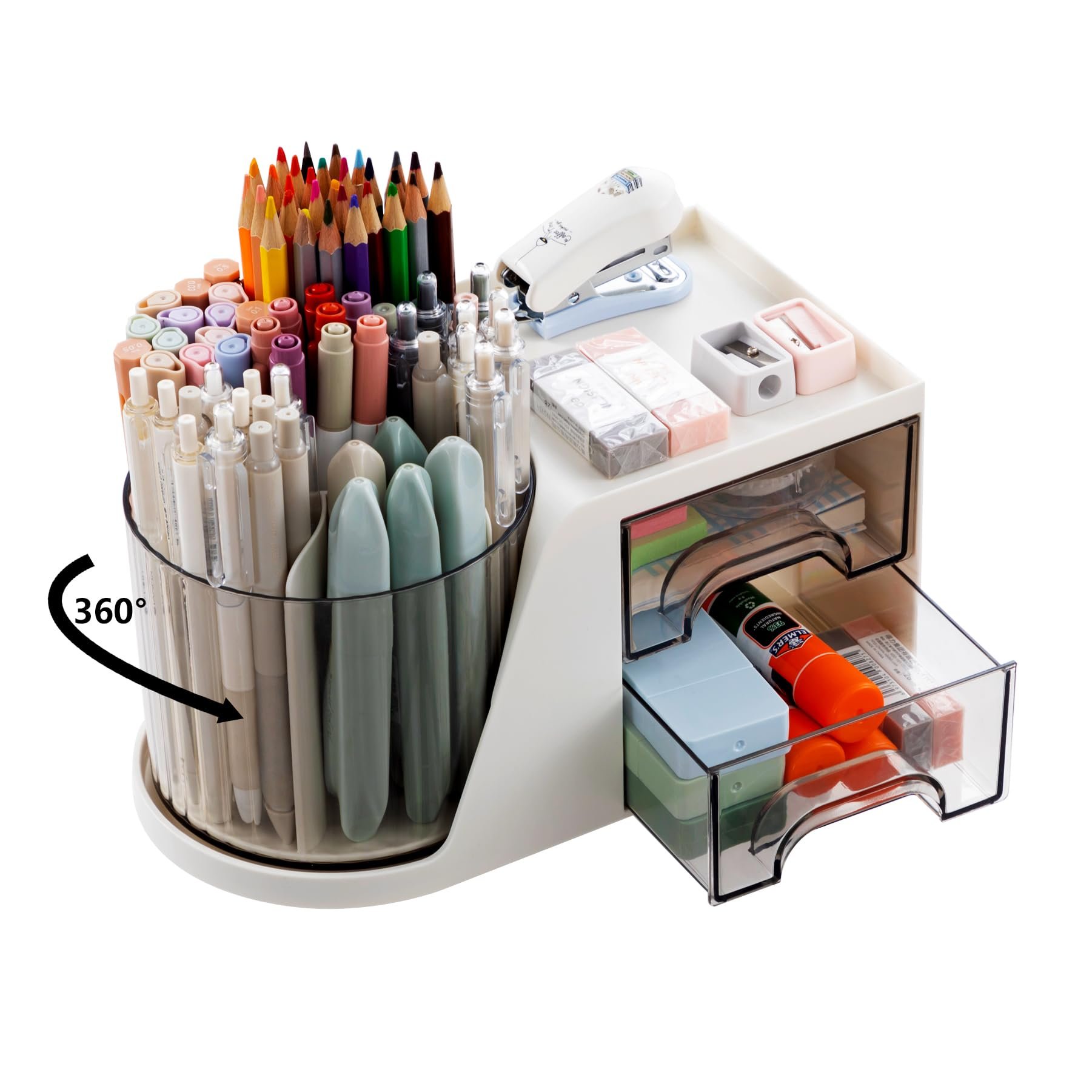 Office Table Art Supply Storage Box Caddy Pencil Pen Holder Rotating Desk Organizer with 2 Drawer