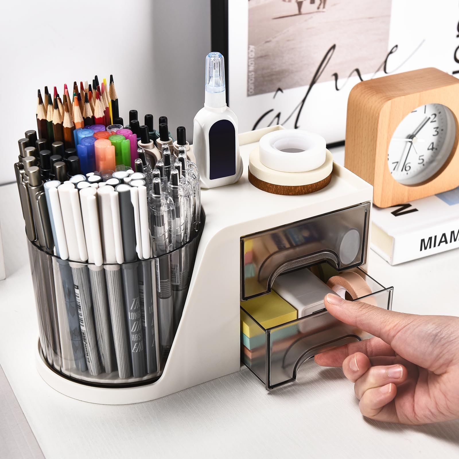 Office Table Art Supply Storage Box Caddy Pencil Pen Holder Rotating Desk Organizer with 2 Drawer