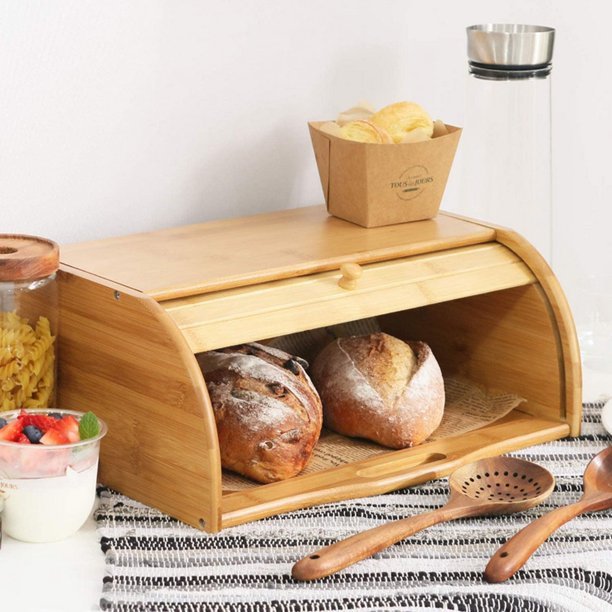 Natural Kitchen Food Storage Roll Top Countertop Bamboo Bread Bin Bread Box Case