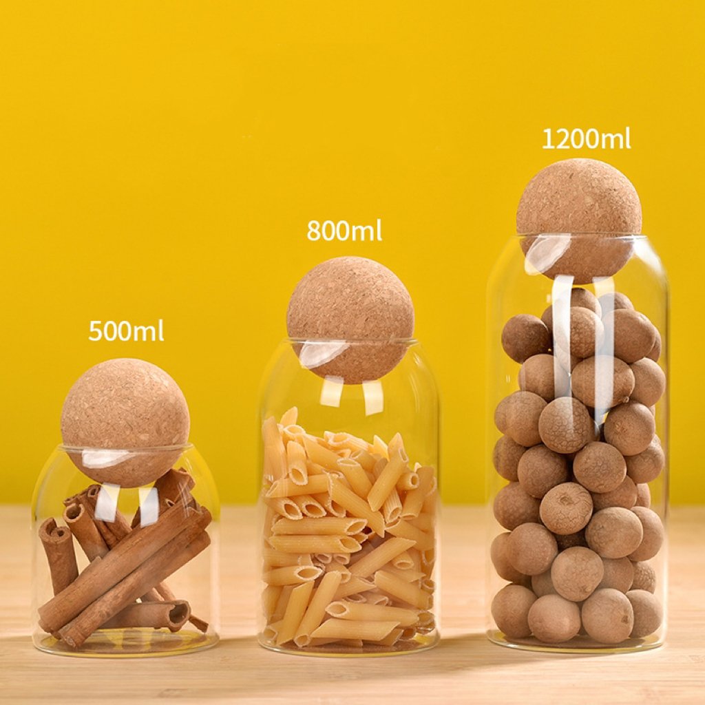 Hanio Reusable Coffee Bean Food Grade container Clear Borosilicate Glass Food Storage Jars with Cork Ball Stopper Lid