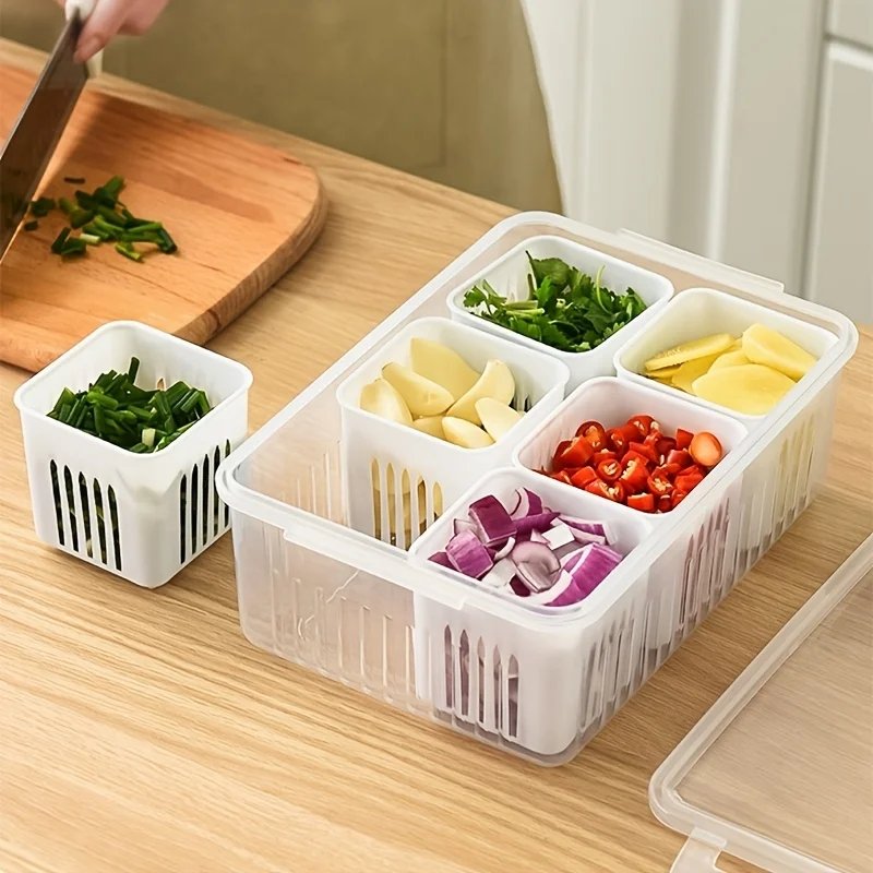 Kitchen scallion storage box 6+1 Food Storage Container Detachable Drain Basket Vegetables Sealed Keeper for Ginger Garlic Onion