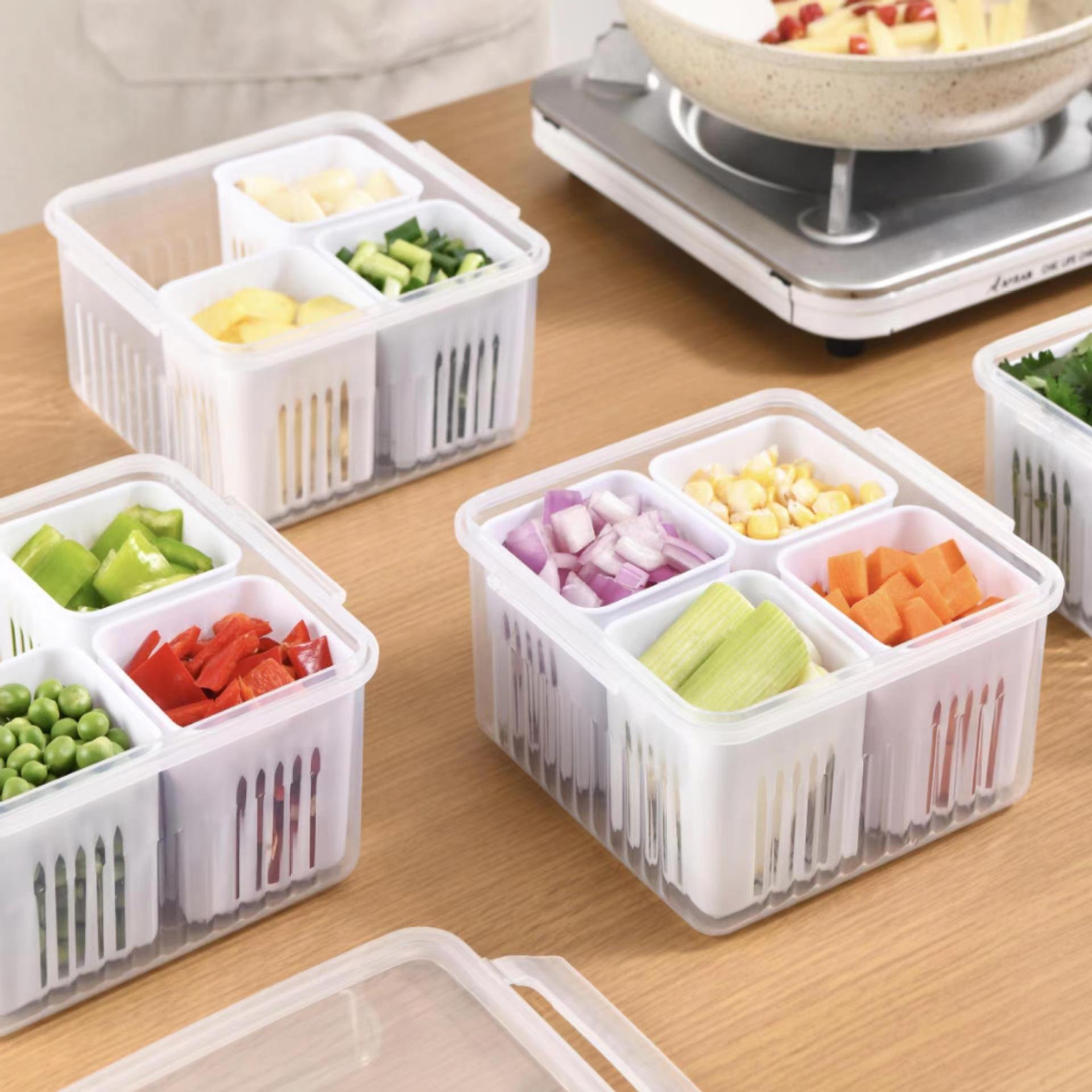 Kitchen scallion storage box 6+1 Food Storage Container Detachable Drain Basket Vegetables Sealed Keeper for Ginger Garlic Onion
