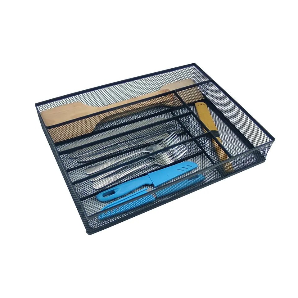 Kitchen Metal Iron Mesh Black Knife And Fork Drying Storage Box Cosmetic Storage Organizer