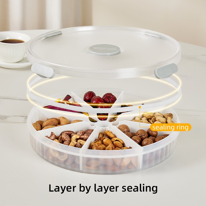Round Transparent Divided Candy Dried Living Room Coffee Table Sealed Fruit Tray dried Preservation Storage Box for Household