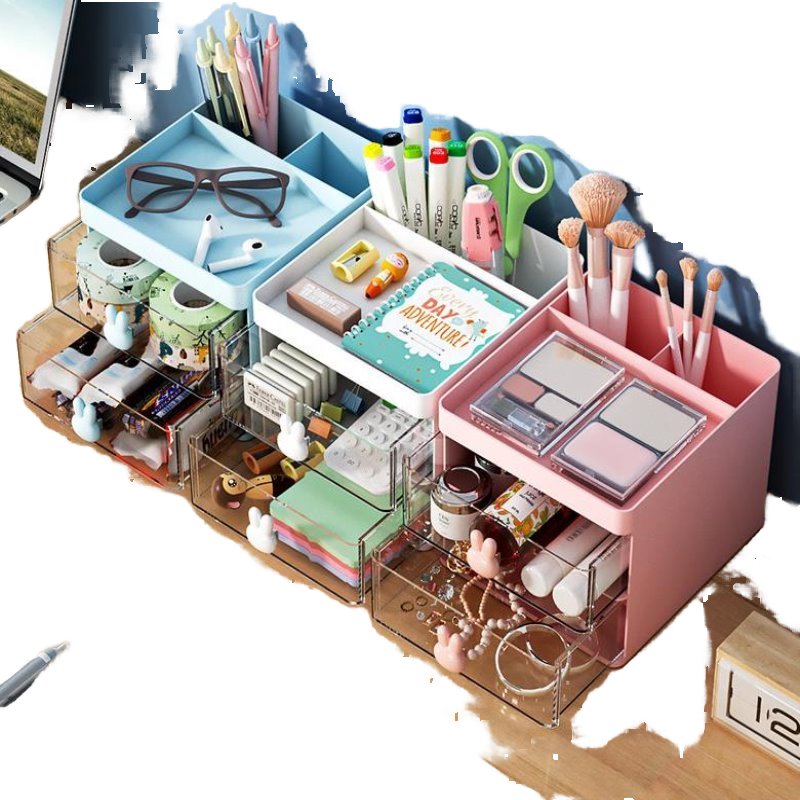 Transparent Plastic Desktop Storage Box Drawer Pen Holder Bathroom Makeup Brush Jewelry Student Office Goods-No Reviews