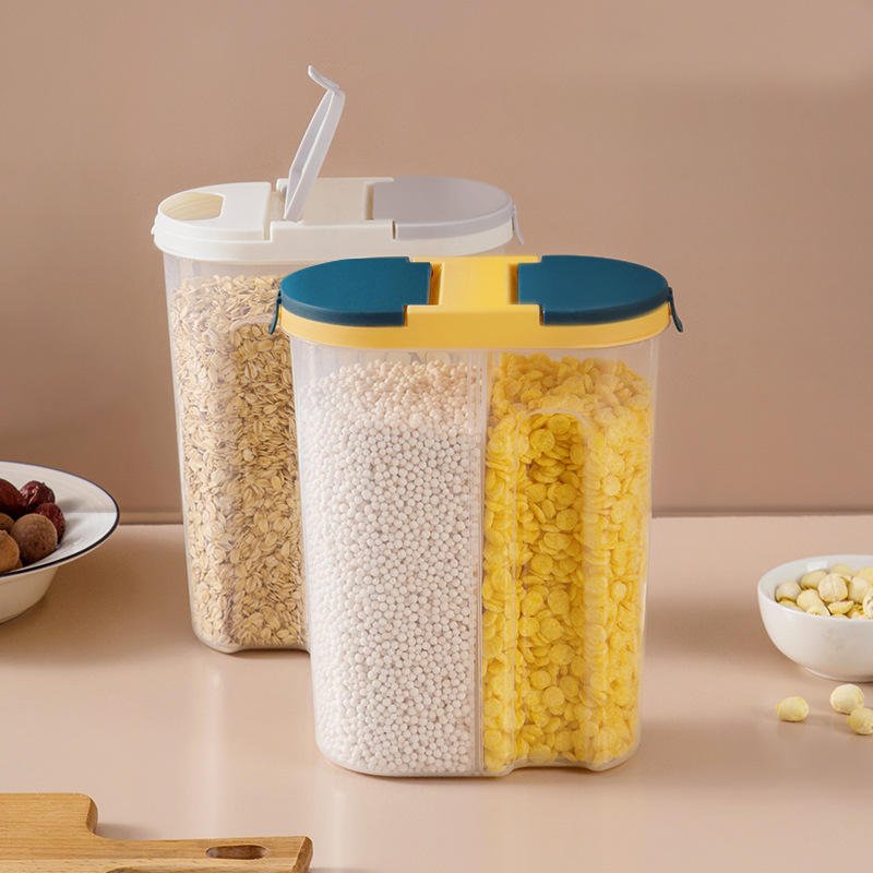 2 Grids Cereal Storage Box Food Storage Box Plastic Reusable Dry Food Storage Container