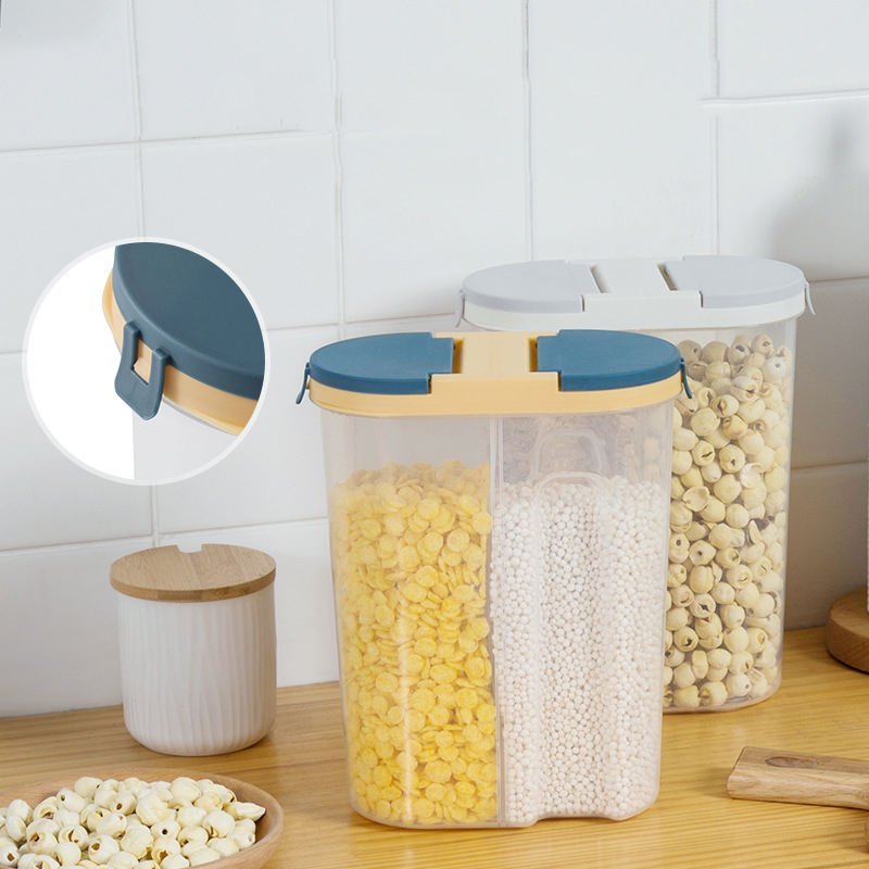 2 Grids Cereal Storage Box Food Storage Box Plastic Reusable Dry Food Storage Container
