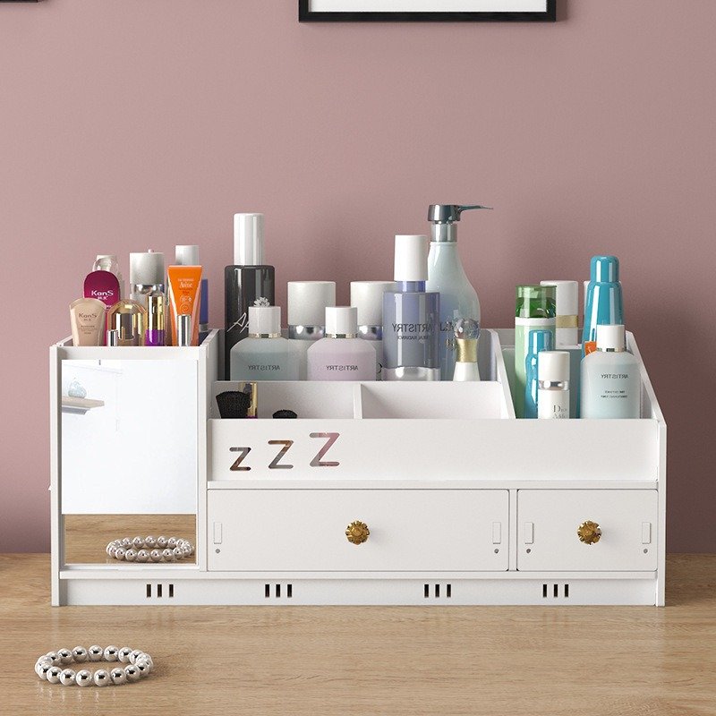 Large Capacity Skin Care Cosmetics Storage Box with Mirror Dresser Rack Household Desktop Drawer Storage Bin Plastic New Title