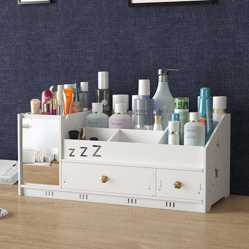 Large Capacity Skin Care Cosmetics Storage Box with Mirror Dresser Rack Household Desktop Drawer Storage Bin Plastic New Title