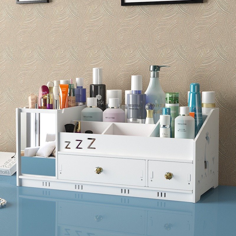 Large Capacity Skin Care Cosmetics Storage Box with Mirror Dresser Rack Household Desktop Drawer Storage Bin Plastic New Title