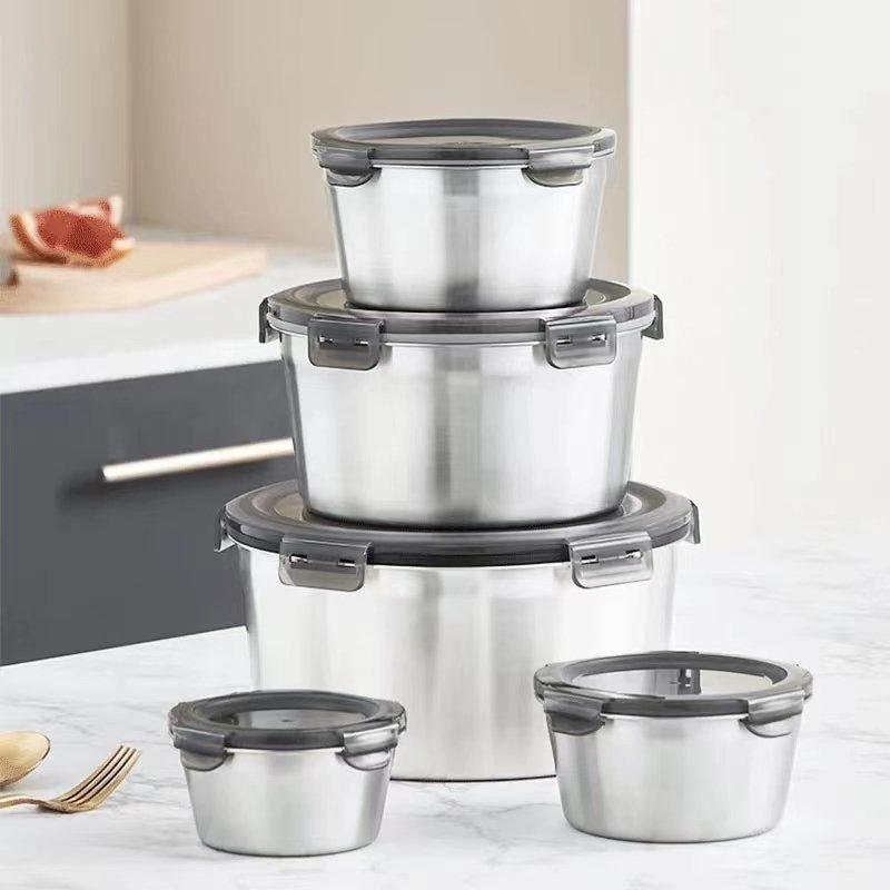 Refrigerator Stainless Steel Container Custom Round Storage Box 18/8 Meal Prep Bento Lunch Box Food Storage Container with Lids