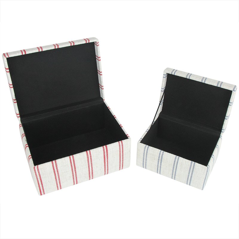 White and Blue & Red and Blue Set Of 2 Linen Fabric Stripe Jewelry Storage & Kids Toy Storage Boxes