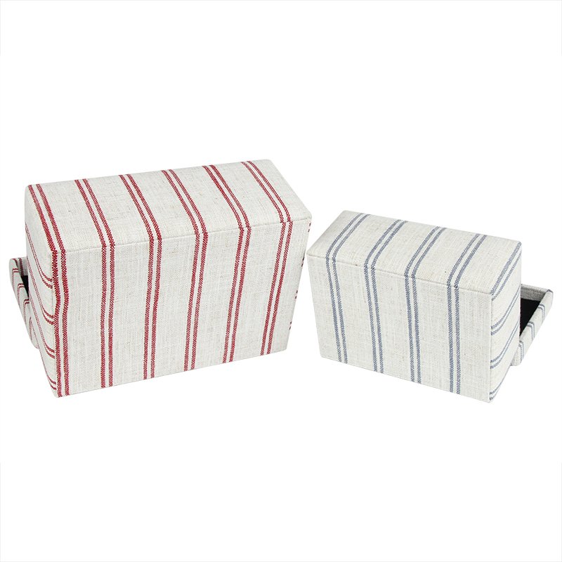 White and Blue & Red and Blue Set Of 2 Linen Fabric Stripe Jewelry Storage & Kids Toy Storage Boxes