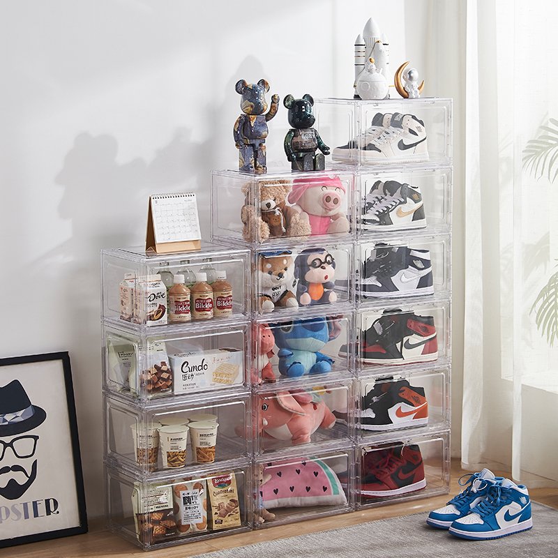 Collapsible Dustproof Shoe Case Rack Cabinet Stackable Doll Snack Storage Box Foldable Plastic Clear For Living Room