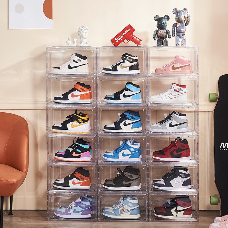 Collapsible Dustproof Shoe Case Rack Cabinet Stackable Doll Snack Storage Box Foldable Plastic Clear For Living Room