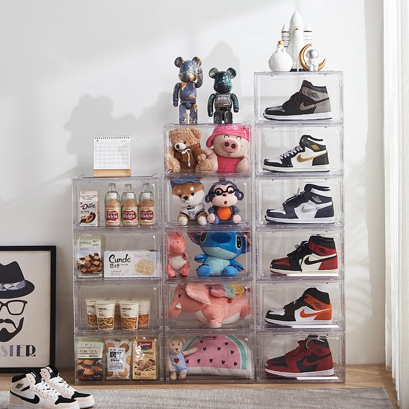 Collapsible Dustproof Shoe Case Rack Cabinet Stackable Doll Snack Storage Box Foldable Plastic Clear For Living Room