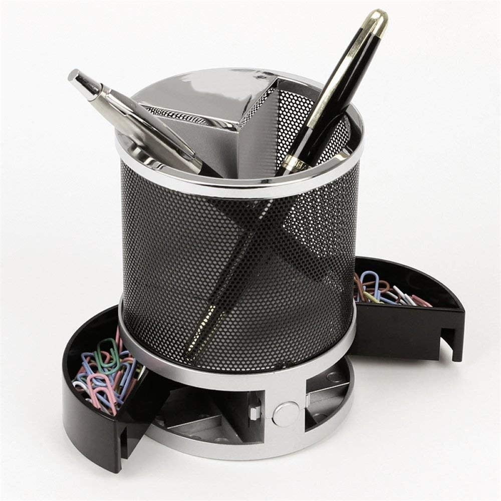 BSCI Audited Factory Metal Pen Holder with Calendar Alarm Clock Office desk organizer Supply Pen Pencil Holder Storage Box