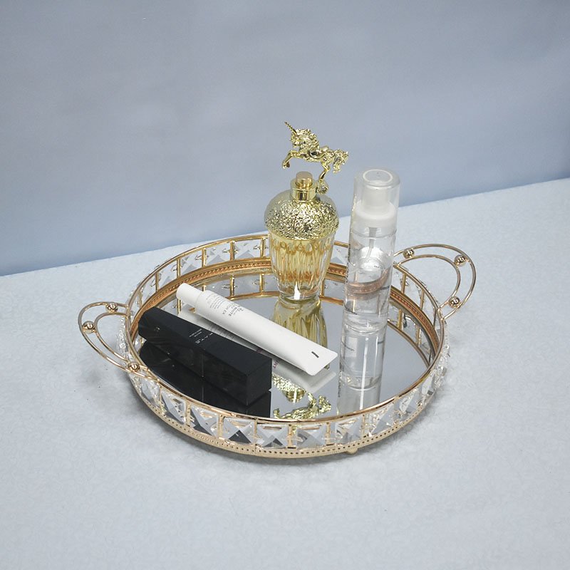 Simple home living room decoration jewelry storage metal tray round crystal glass storage trays