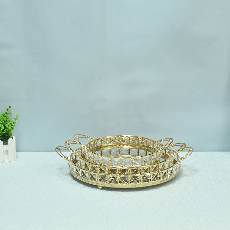 Simple home living room decoration jewelry storage metal tray round crystal glass storage trays