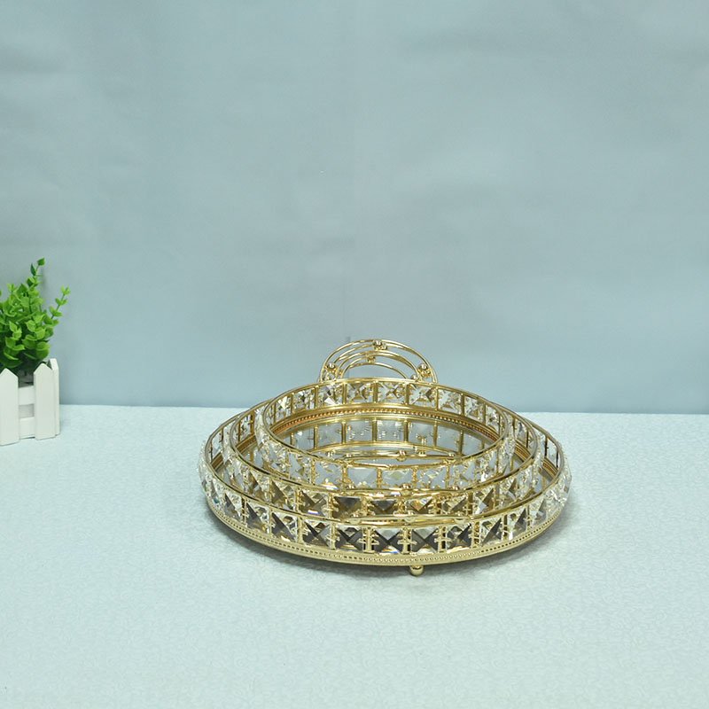 Simple home living room decoration jewelry storage metal tray round crystal glass storage trays