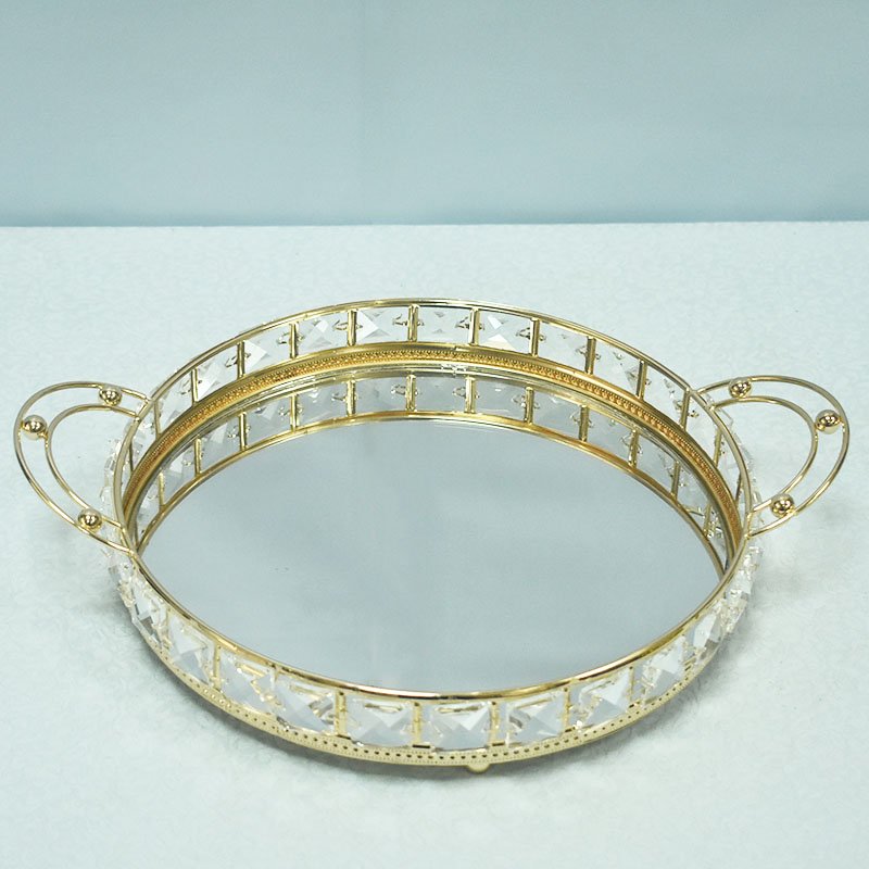 Simple home living room decoration jewelry storage metal tray round crystal glass storage trays