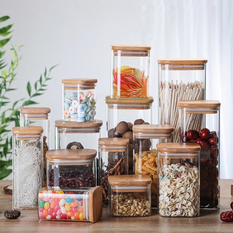 Custom Airtight Square Tea Spice Glass Jar Kitchen Sealed Glass Storage Tanks Glass Food Storage Container Set With Bamboo Lid
