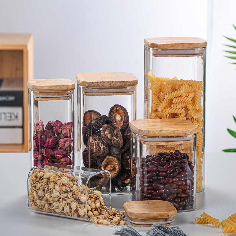 Custom Airtight Square Tea Spice Glass Jar Kitchen Sealed Glass Storage Tanks Glass Food Storage Container Set With Bamboo Lid