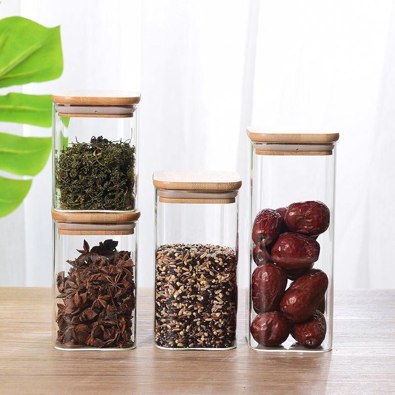 Custom Airtight Square Tea Spice Glass Jar Kitchen Sealed Glass Storage Tanks Glass Food Storage Container Set With Bamboo Lid