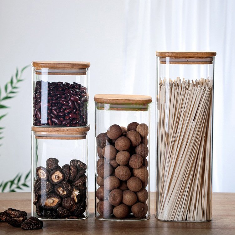 Custom Airtight Square Tea Spice Glass Jar Kitchen Sealed Glass Storage Tanks Glass Food Storage Container Set With Bamboo Lid