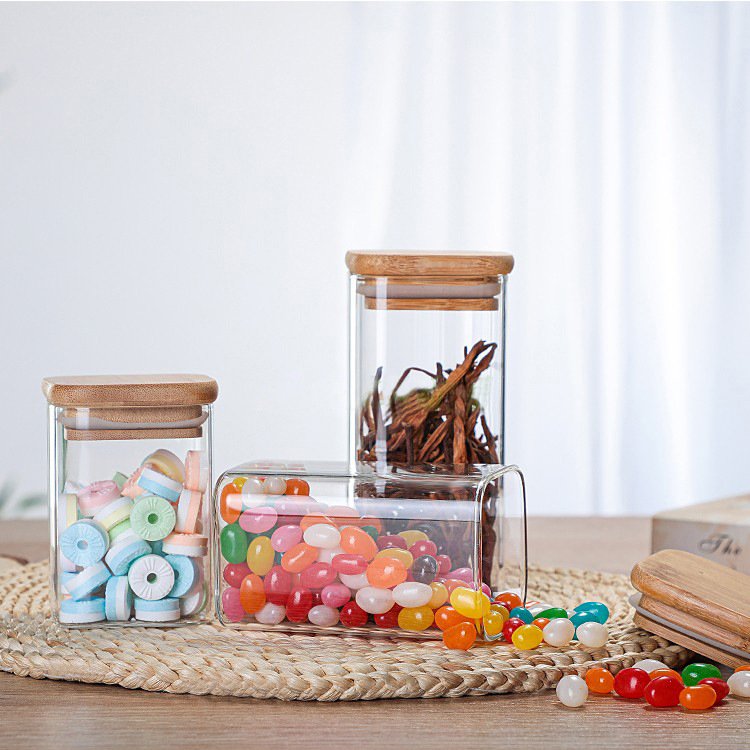 Custom Airtight Square Tea Spice Glass Jar Kitchen Sealed Glass Storage Tanks Glass Food Storage Container Set With Bamboo Lid