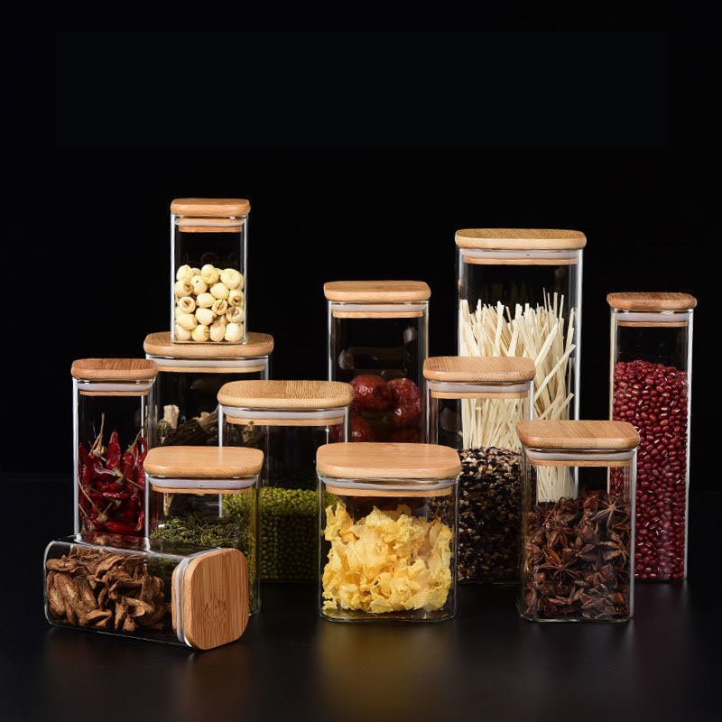 Custom Airtight Square Tea Spice Glass Jar Kitchen Sealed Glass Storage Tanks Glass Food Storage Container Set With Bamboo Lid