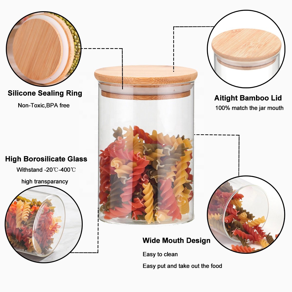 Promotion Glass Rack Clear Kitchen Round Storage Lid Spice Jars Bamboo