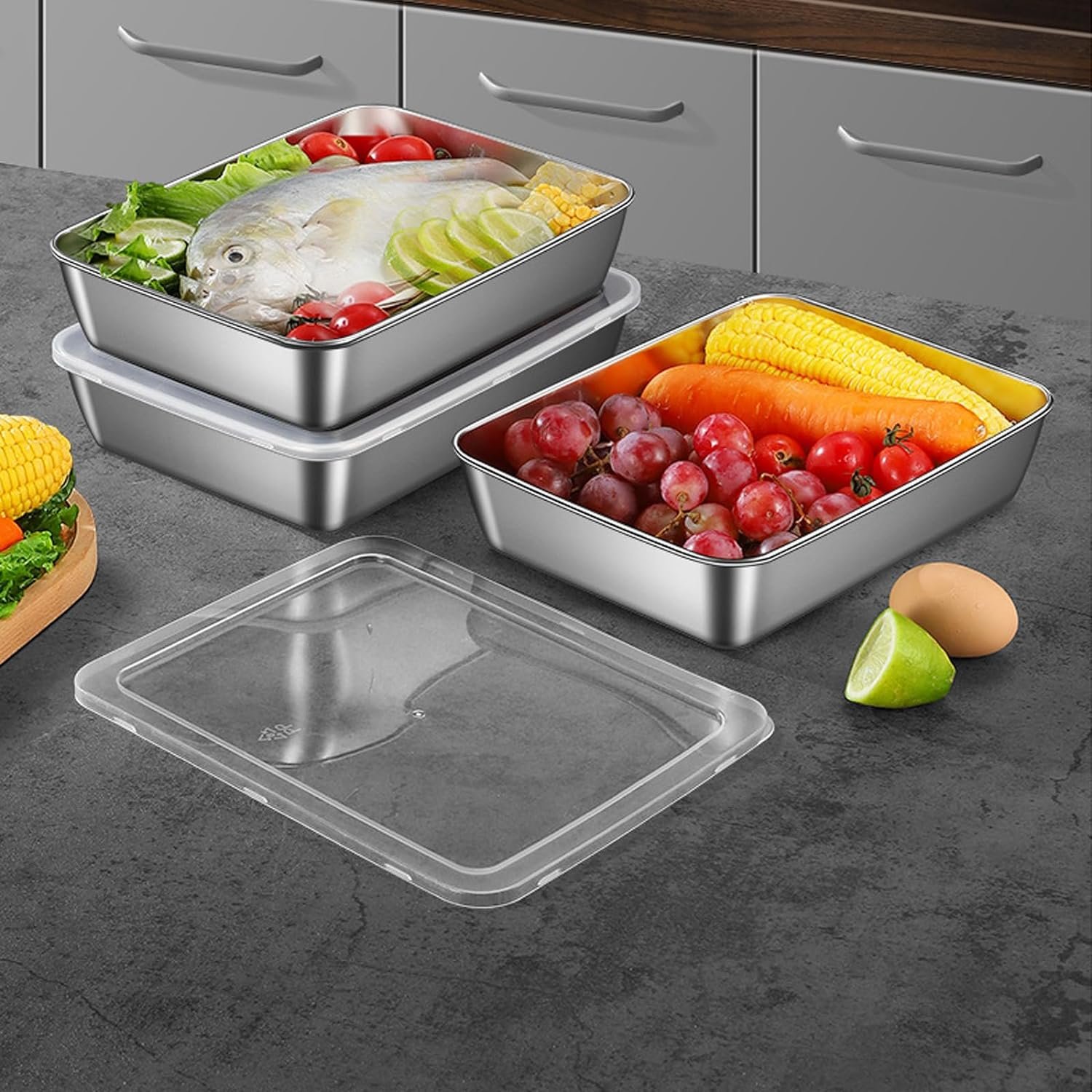 600ml 2000ml Airtigh Small Stainless Steel Metal Food Serving Tray Storage Container with PP Lid