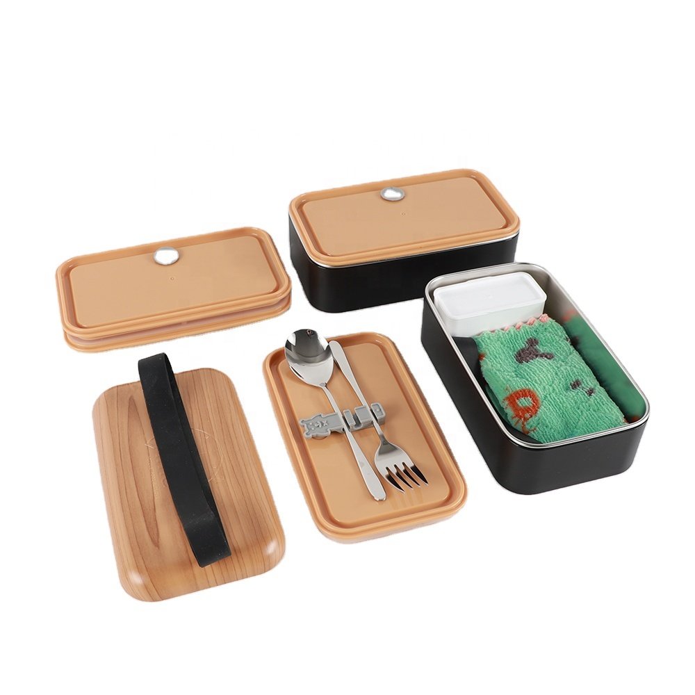 Two tier lunch box with fork and spoon stainless steel food storage box with cutlery set bento box for adults