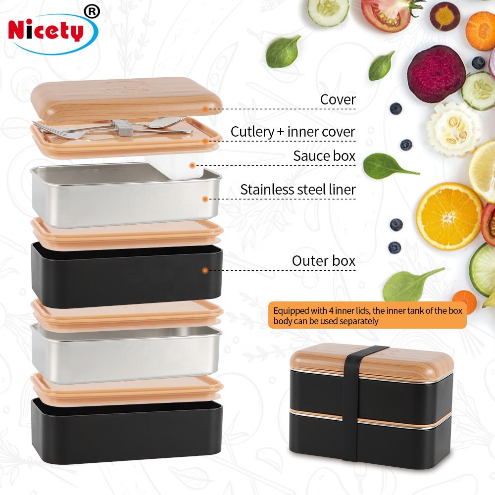 Two tier lunch box with fork and spoon stainless steel food storage box with cutlery set bento box for adults