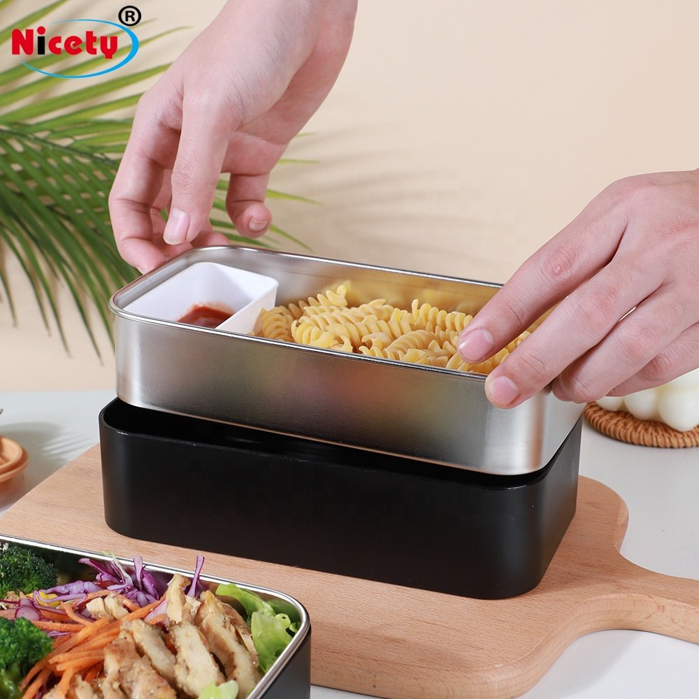 Two tier lunch box with fork and spoon stainless steel food storage box with cutlery set bento box for adults