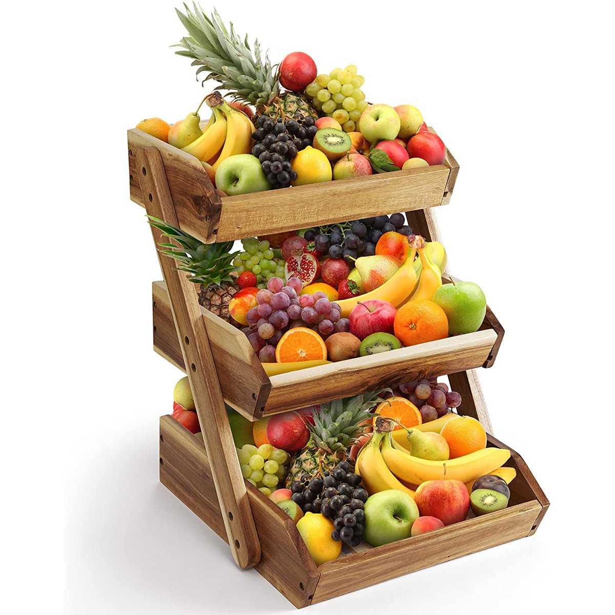 Wood Fruit Display Rack 3 Tier Fruit Basket Fruit Stand Storage Holder For Home Kitchen Storage