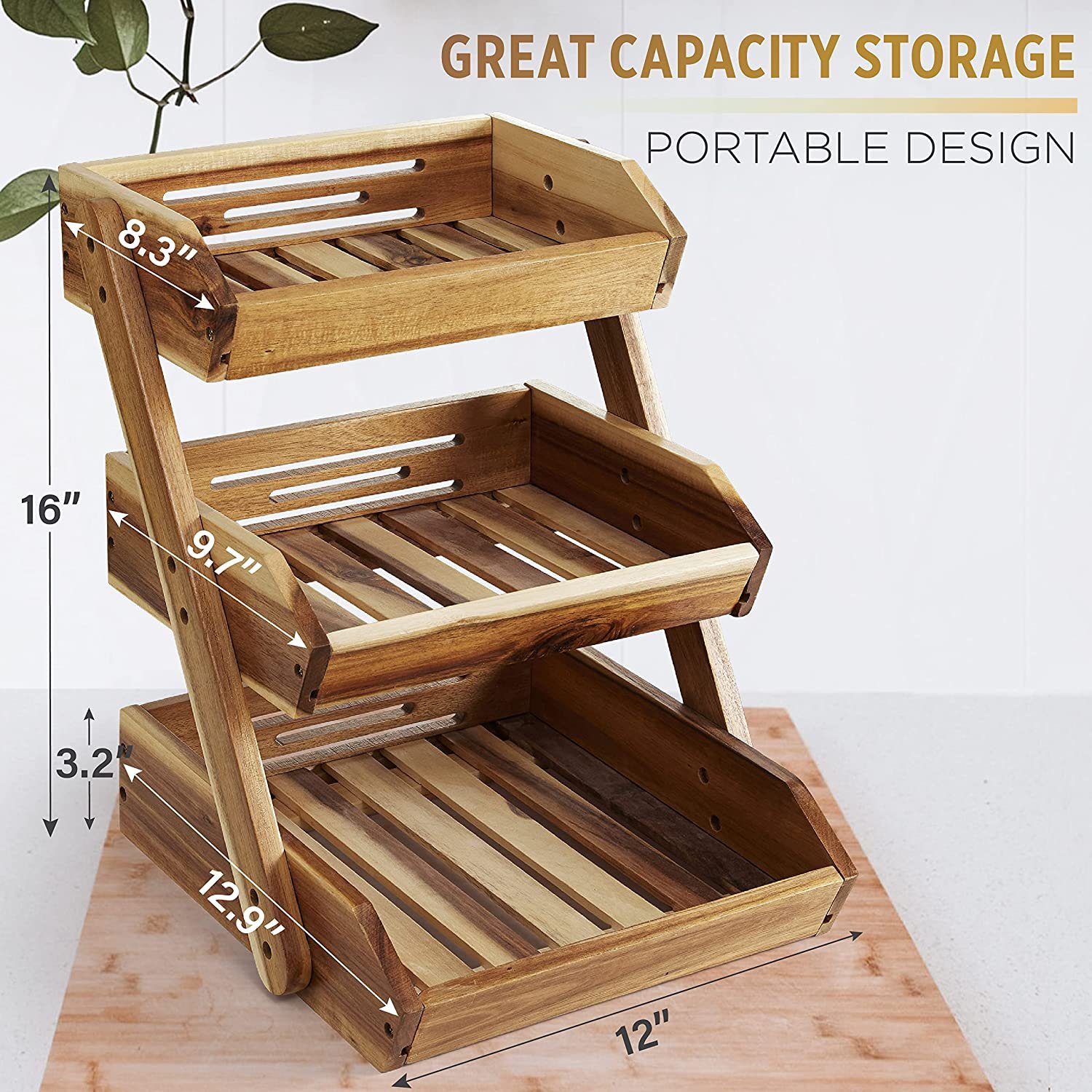 Wood Fruit Display Rack 3 Tier Fruit Basket Fruit Stand Storage Holder For Home Kitchen Storage