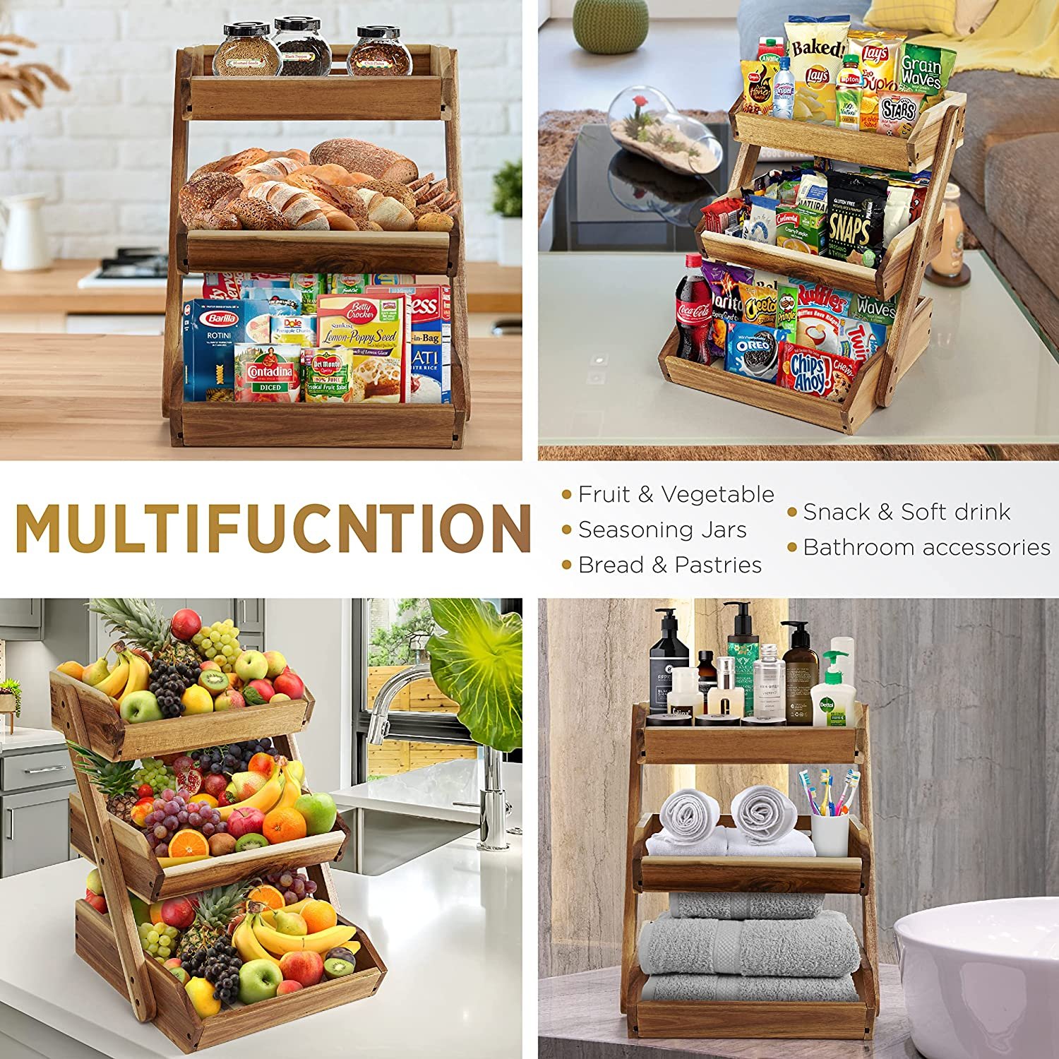 Wood Fruit Display Rack 3 Tier Fruit Basket Fruit Stand Storage Holder For Home Kitchen Storage
