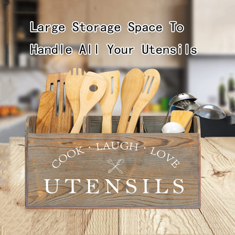 Best Selling Multifunctional Kitchen Counter Storage Organizer Practical Wooden Farmhouse Utensil Holders
