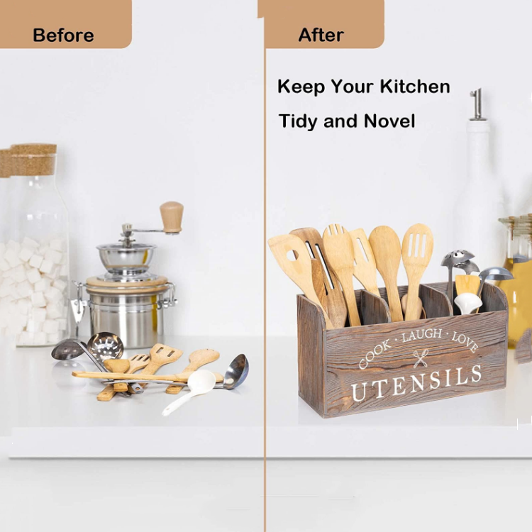 Best Selling Multifunctional Kitchen Counter Storage Organizer Practical Wooden Farmhouse Utensil Holders