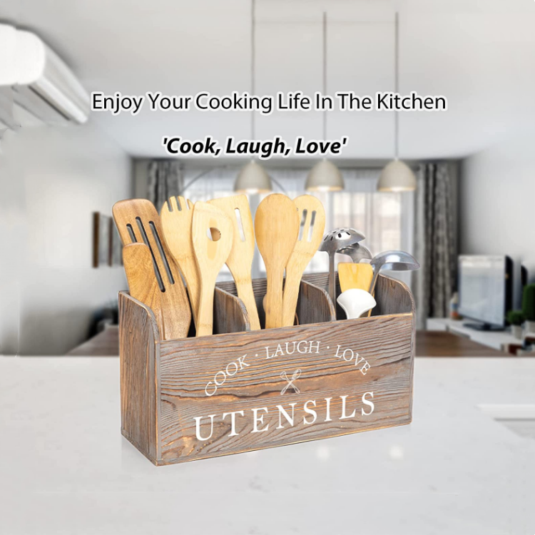 Best Selling Multifunctional Kitchen Counter Storage Organizer Practical Wooden Farmhouse Utensil Holders
