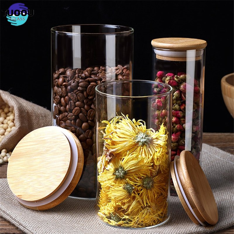 Borosilicate Kitchen Storage Glass Jars Set Spice Container Bottles With Bamboo Lid