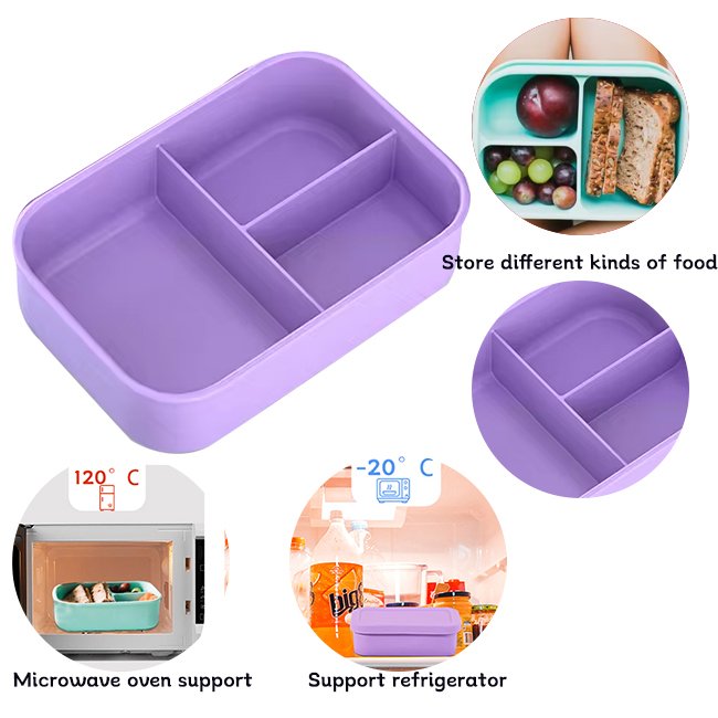Best Seller Pure Food Grade Silicone 3 Compartment Lunch Box for Kids Microwave Bento Oven Safe Kitchen Food Storage & Container