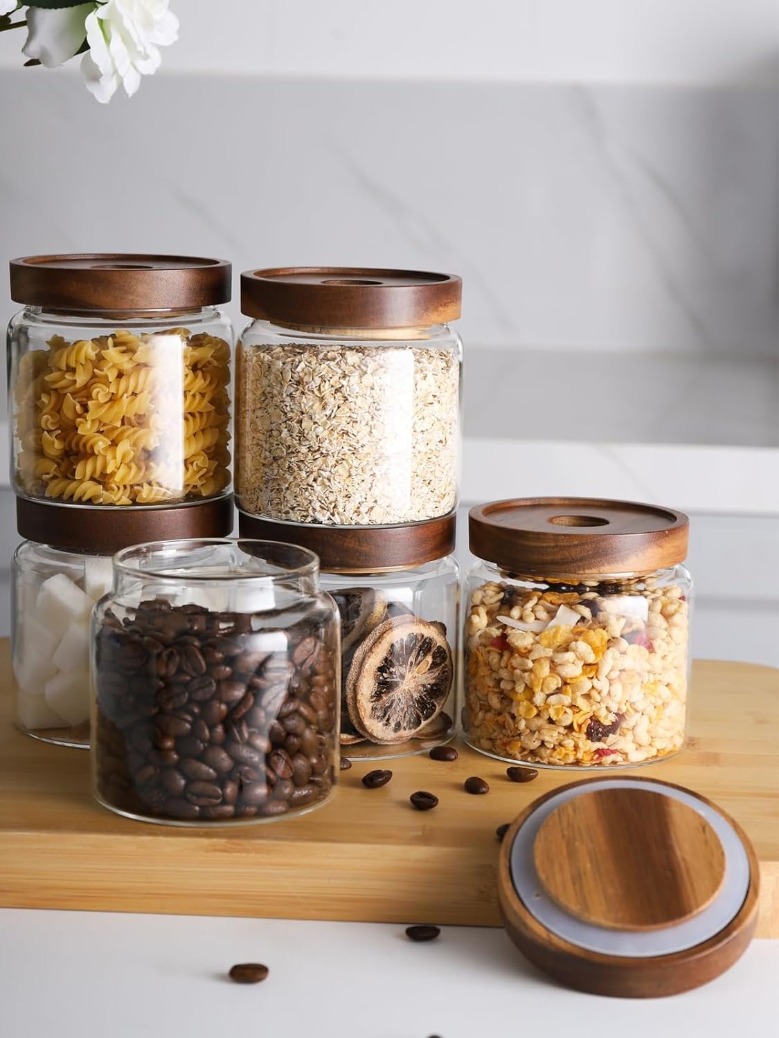 YOLOWE HOME Airtight Clear Glass Food Storage Jar Acacia Lids Kitchen Storage Container Tea Coffee Beans Spice Sugar Serving