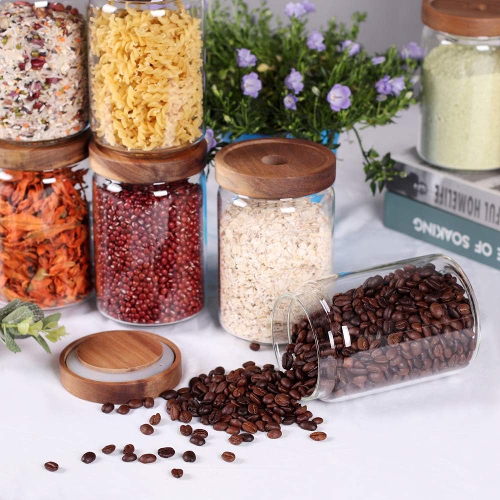 YOLOWE HOME Airtight Clear Glass Food Storage Jar Acacia Lids Kitchen Storage Container Tea Coffee Beans Spice Sugar Serving